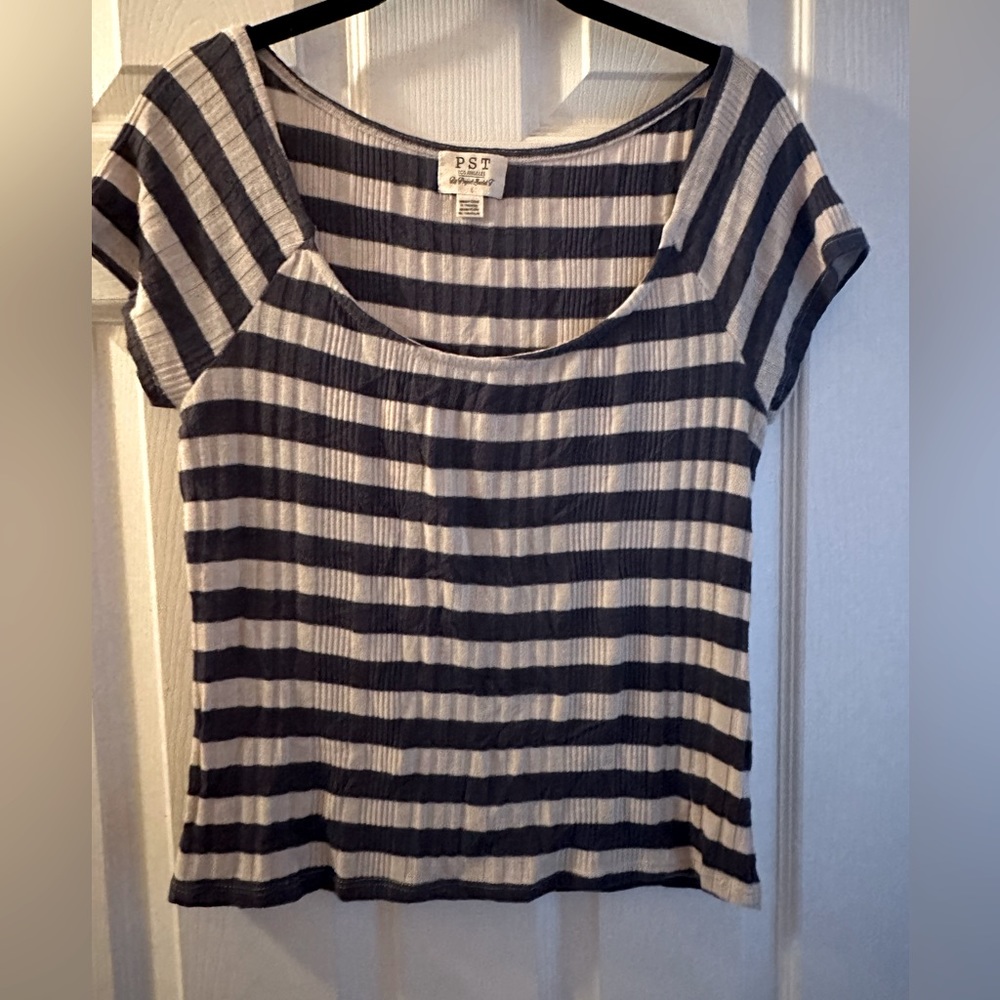 Project Social T striped blue and beige short sleeve shirt. Women’s Size Large